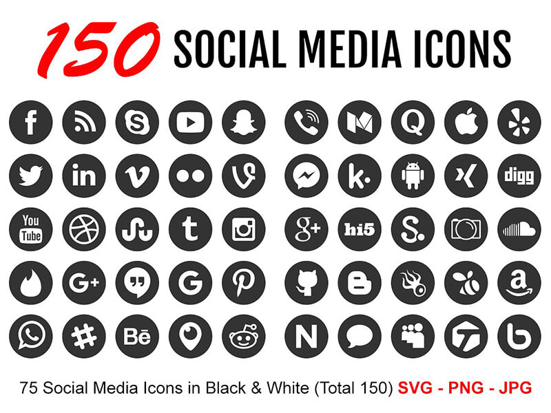 150 Black and White Social Media Icons