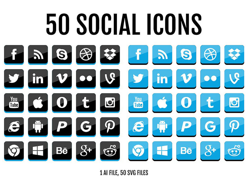 50 Blue Square Social Media Icons