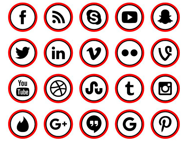 Social Media Red Bold Outline Round Flat Icons